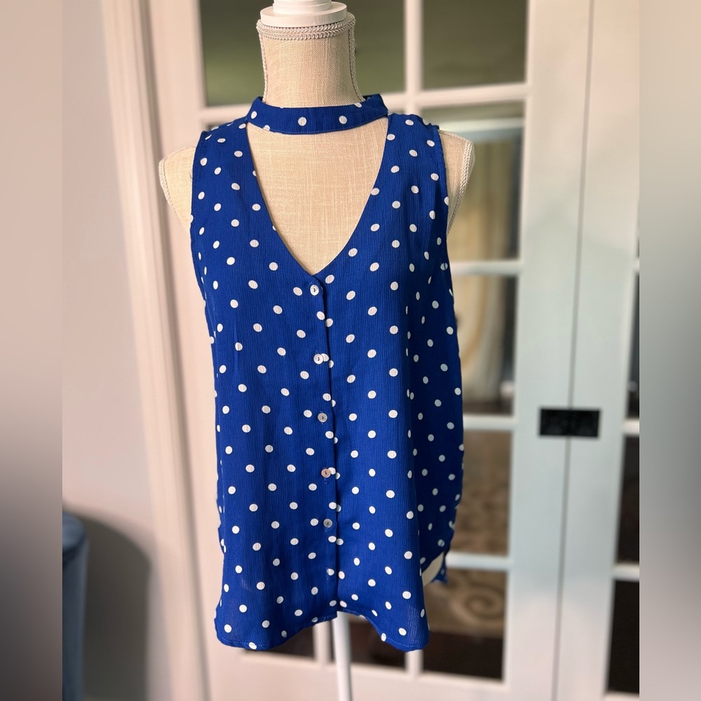 STACCATO polka dot tank blouse, size S blue and white